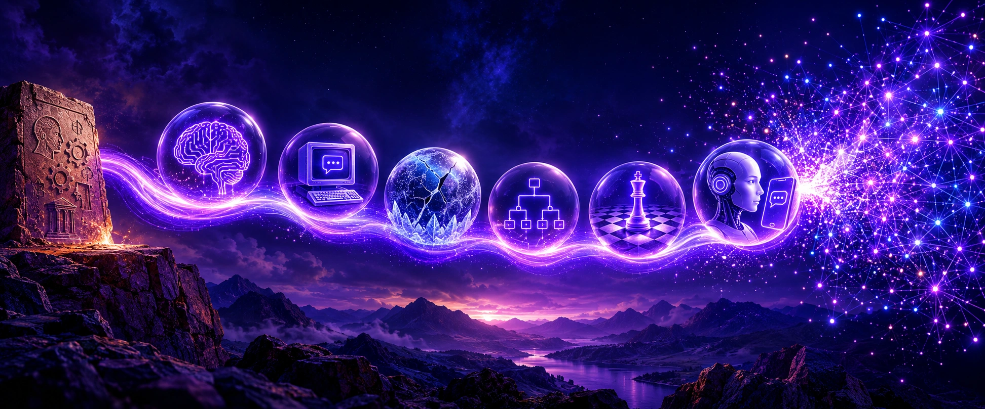 AI ka itihas timeline purple theme mein